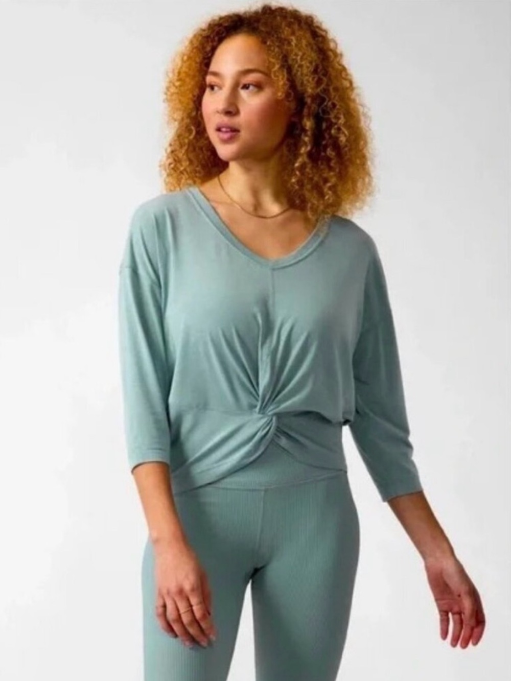 Athleta Sage Green Embody Twist Front Top Crop Length 3/4 Sleeves size XL